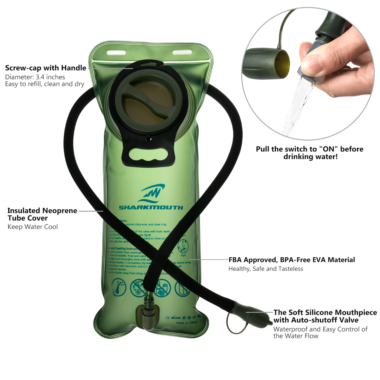 2 Liter Green Hydration Bladder SharkMouth Sports