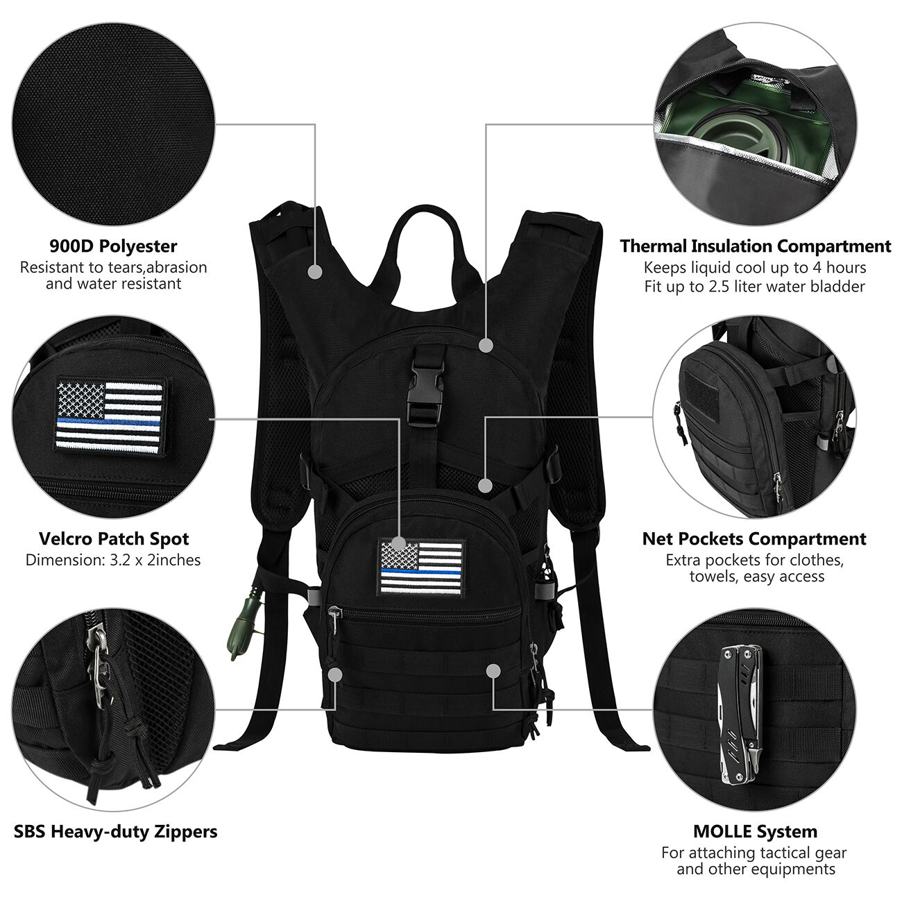 Black Tactical Hydration Backpack SharkMouth Sports